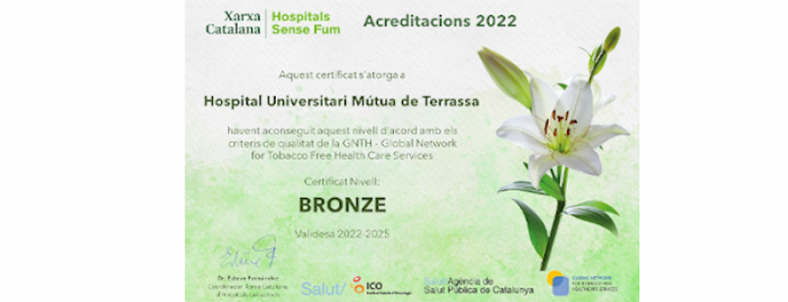 La Xarxa Catalana d’Hospitals Sense Fum reconeix l’HUMT amb el Nivell Bronze